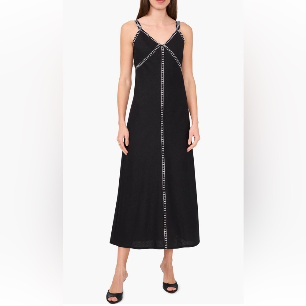 Halogen Rail Track Detail Linen Blend Midi Dressing Rich Black Size Medium NWT